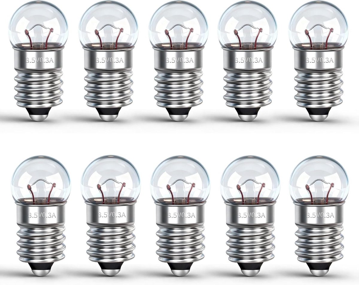 10 stuks kogellamp E10 DC 3,5V, 0,3A, warm wit 3000K, E10 gloeilamp gloeilicht G10 miniatuur schroefvoet, vervangende lamp voor elektrische experimenten, zaklampen, kerststalverlichting