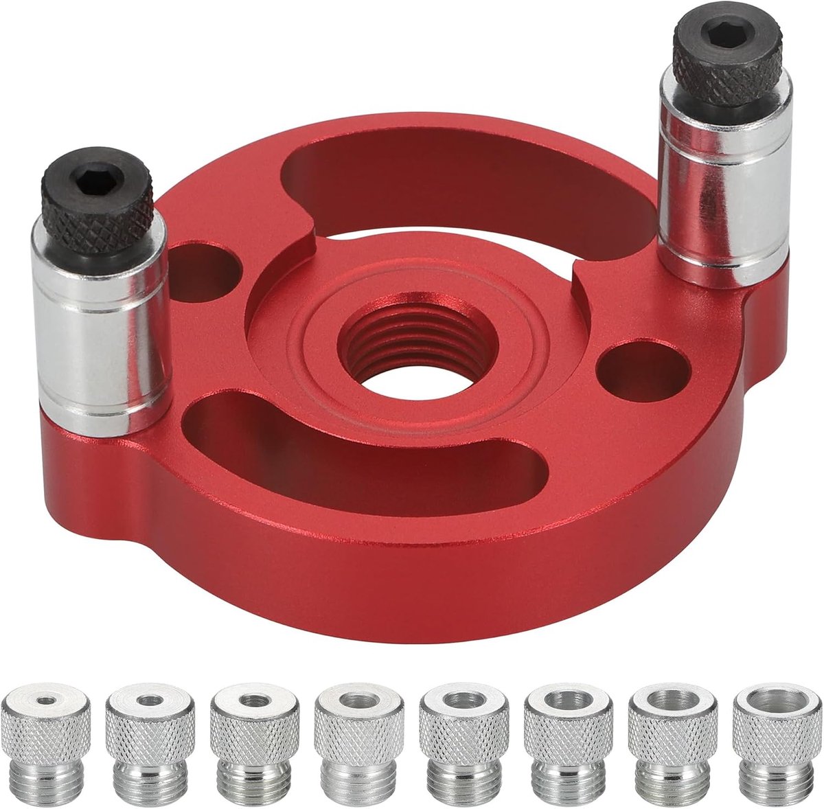 Houtbewerkingsboorhulp, boorgatenmiddenvinder met 3/4/5/6/7/8/9/10mm boorbussen, boorgeleidingshulp voor verticale boringen (Rood)