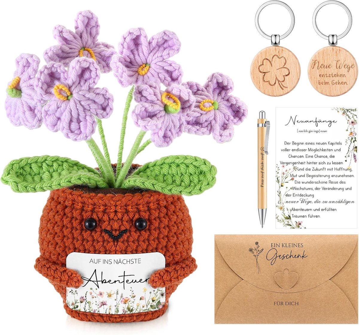 Nieuw Begin Cadeaus Voor Nieuwe Baan Afscheidscadeaus Collega's Gebreide Pop Houten Sleutelhanger Balpen Kaart Envelop Voor Pensioen Baanwisseling Kerstmis(Paarse Bloemen)