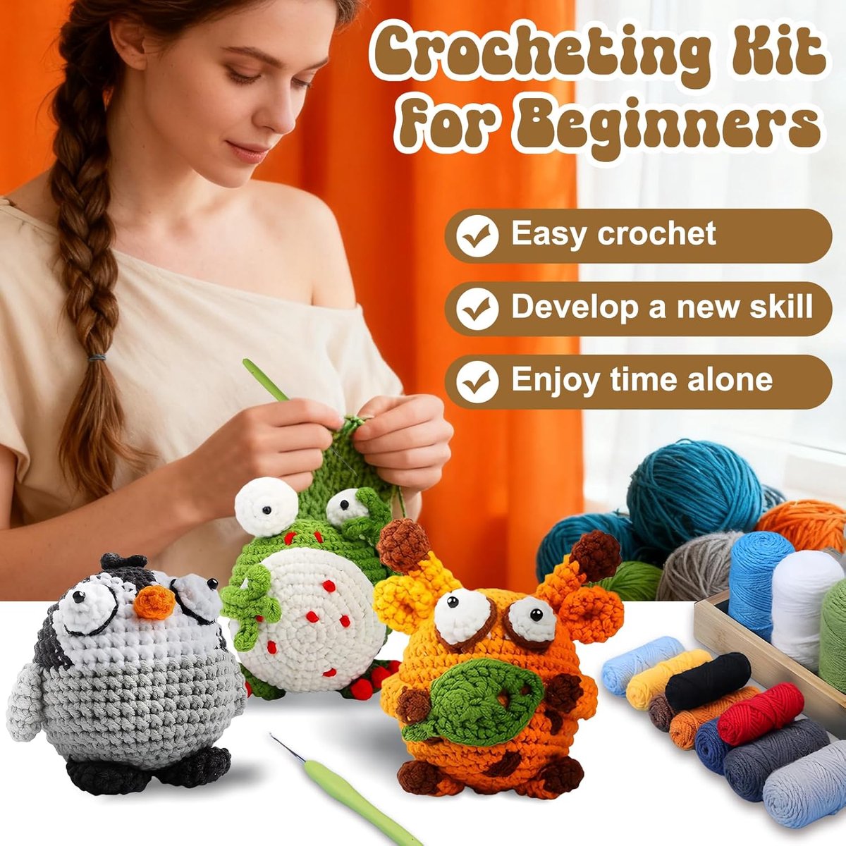 Haakpakket voor Beginners, 4 Stuks Dieren Amigurumi Set, Complete Haakstarterset met Stapsgewijze Video-Instructies, Diy Knutselset voor Beginners en Volwassenen-Giraf-Kikker-Uil-Pinguïn