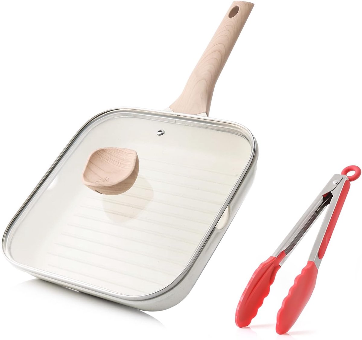 Antiaanbak Grillpan met Deksel voor Kookplaten, 24 cm Vierkante Grillpan voor Binnengebruik, Koekenpan met Gezonde Coating en Schenktuiten, Geschikt voor Inductie, PFOA-vrij, Wit