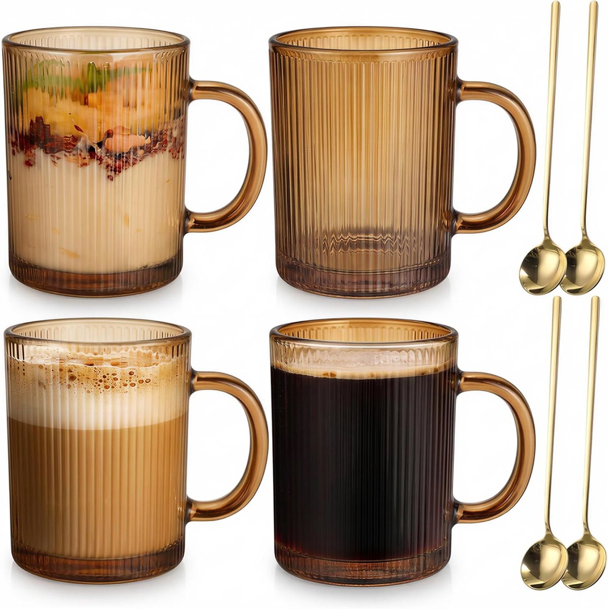 glazen koffiemokken 4-pack 350ml | Klassiek gestreept latte glas met handvat, voor cappuccino, macchiato, thee, melk, sap, koude & warme - Goud