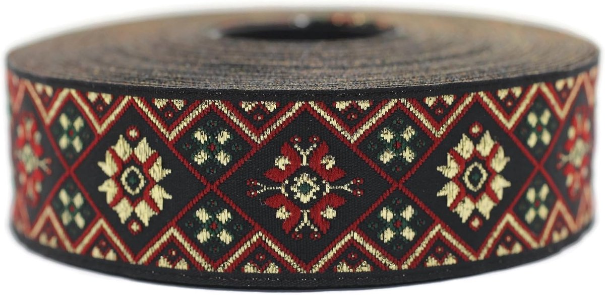 Jacquard lint geweven rood en goud metallic oosterse glans 10 m x 25 mm - rollen borduurlint voor naaien, decoratie 25975-V5