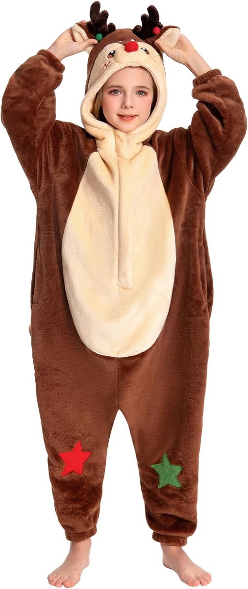 Kinder Animal Onesie Unisex Zachte Pluche Fleece Pyjama voor Jongens Meisjes Knuffelig Eendelig Pyjama Cosplay Kostuum voor Carnaval Halloween Kerstmis (Rendier, 9-11 Jaar)