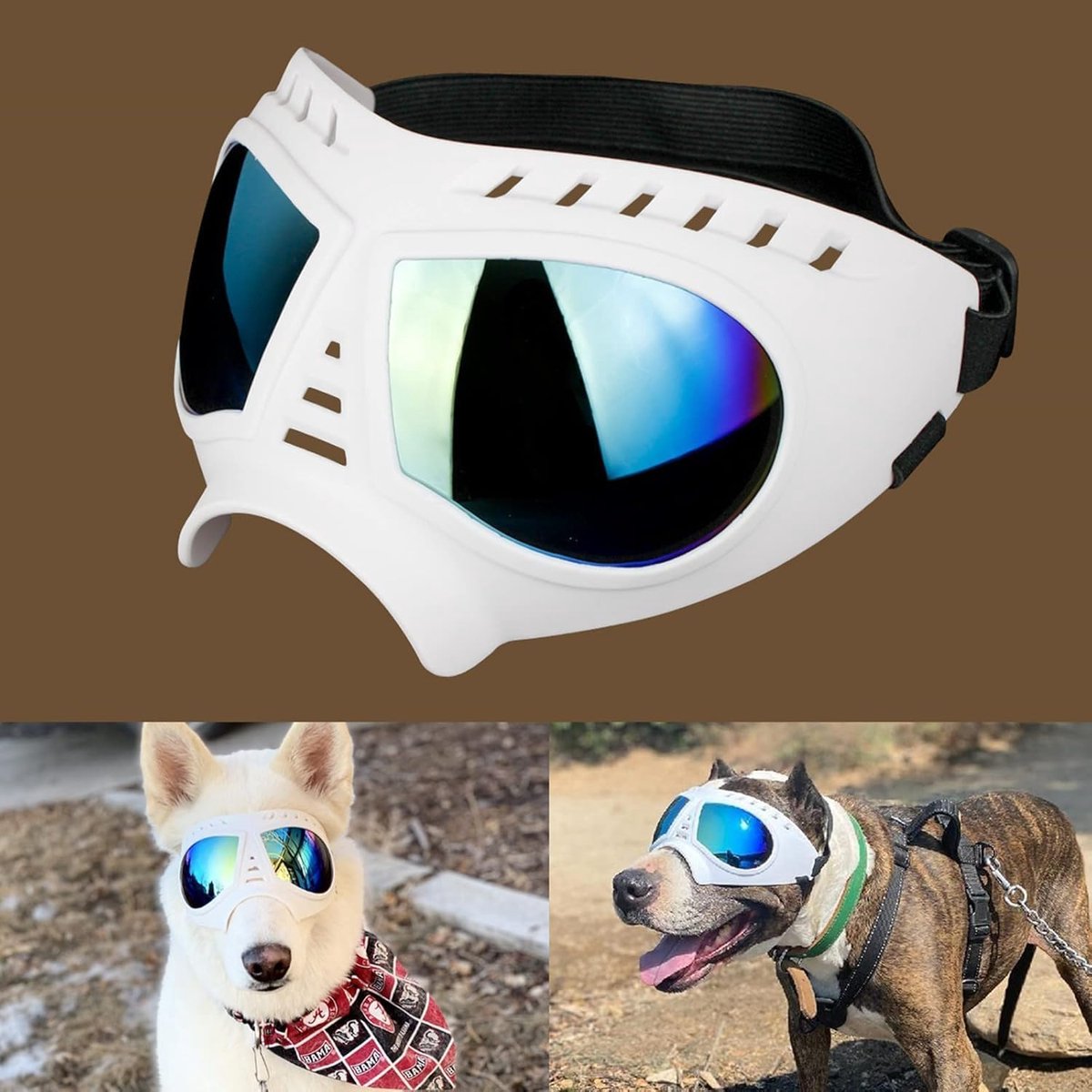 Hondenbril, met uv-bescherming, waterdicht, winddicht, instelbaar, hondenzonnebril, modieuze veiligheidsbril voor honden, voor middelgrote/grote honden, wit