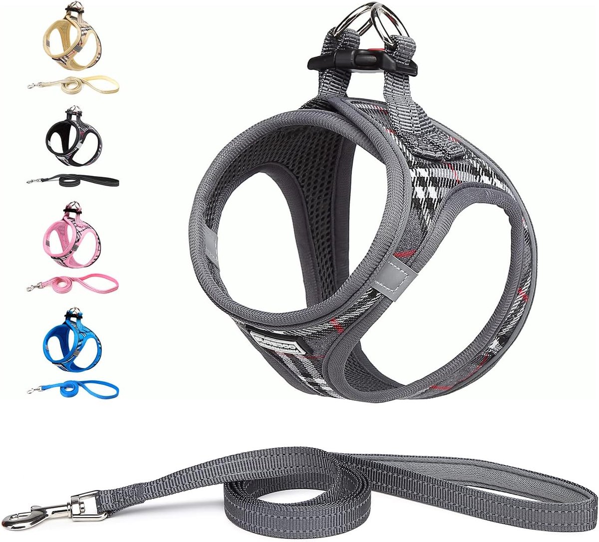 Kleine honden met riem, anti-trektuig Reflecterend ademend borsttuig, puppytuig voor kleine, middelgrote honden (M, Grijs geruit)