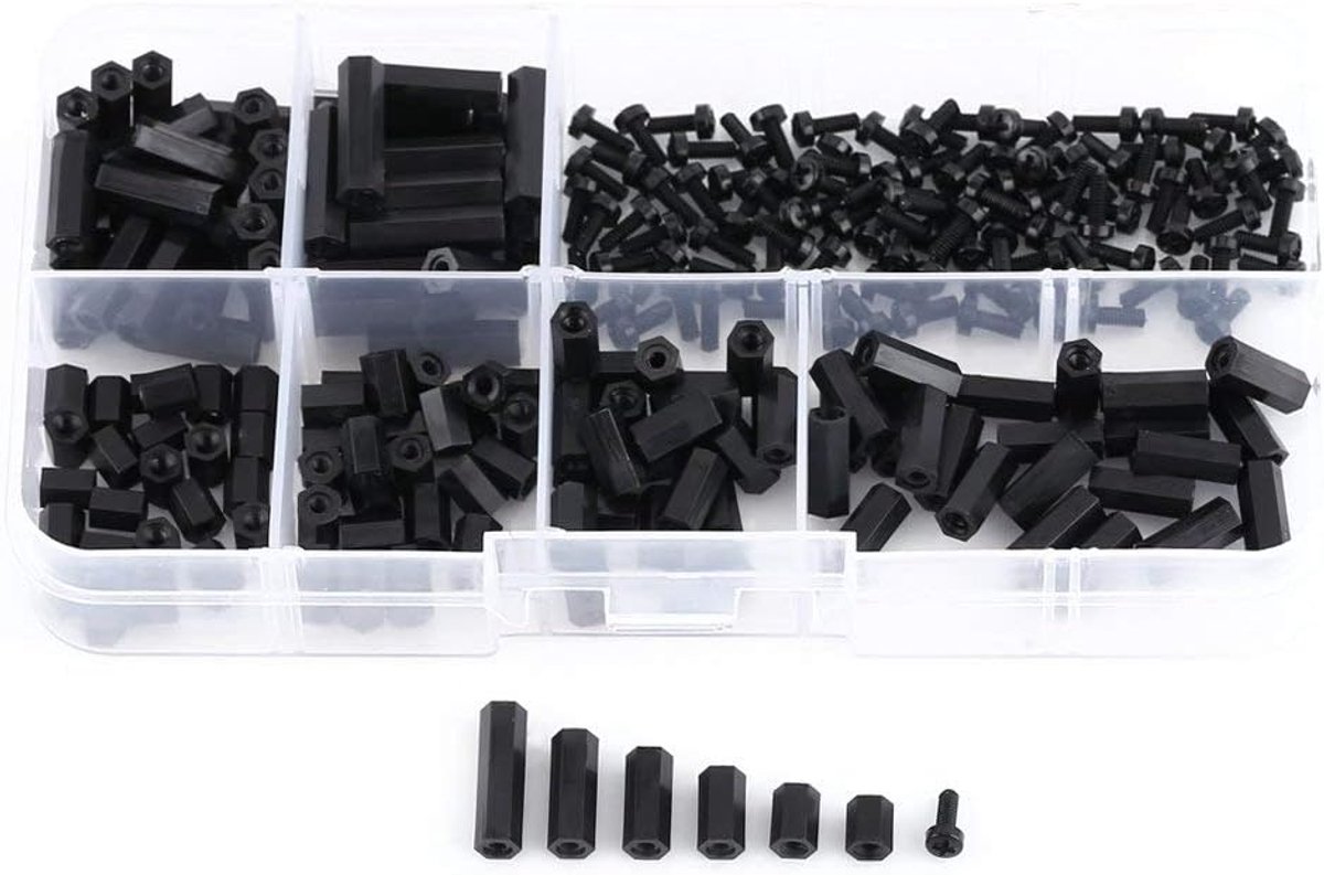 M3 Schroef Assortiment 250 Stuks Nylon met Mannelijke Schroefdraad en Vrouwelijke Zeskant PCB Montage in Plastic Doos (M2-D)