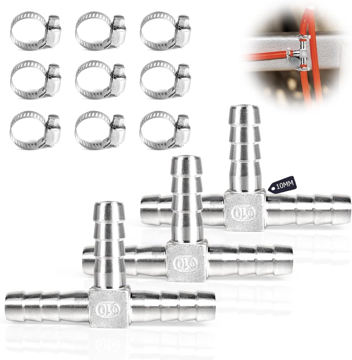 3 stuks, 10 mm, driewegs T-vormige SUS 304, slangaansluiting met 9 klemmen, perslucht, slangverbinder, koppelstuk, stekkeradapter voor brandstof, gas en water