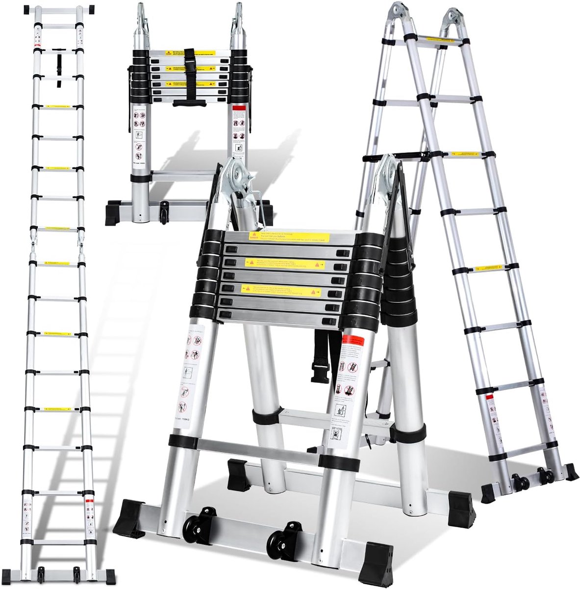 Telescoopladder, 2,5 m + 2,5 m, aluminium trapladder, 8 + 8 treden, staande ladder, vouwladder, vouwladder, 150 kg belastbaarheid, telescopische uittrekbare ladder, huishoudladder,