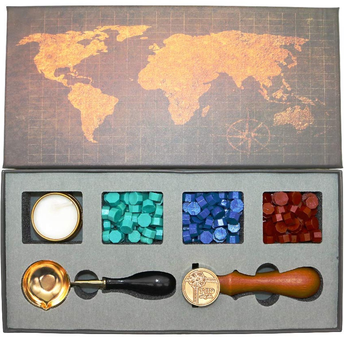 Seal Stempel Set, Wax Seal Kit met zegellak kralen, messing zegel stempel, smeltlepel, kaars, geschenkdoos set (cadeau voor jou)