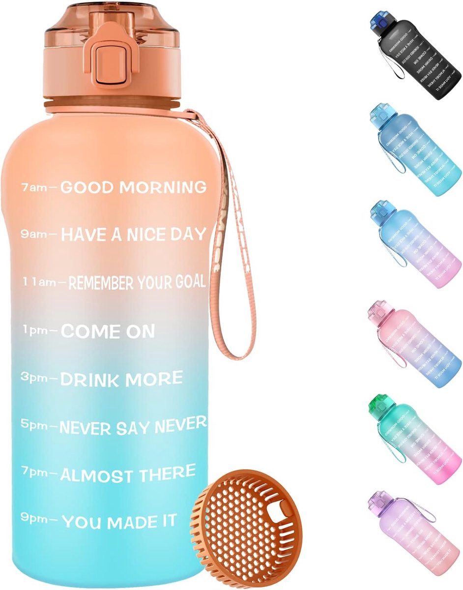 Drinkfles met fruitfilter, 2 liter, BPA-vrij, Tritan-waterfles met tijdmarkeringen, lekvrij, sportwaterfles voor camping, sportschool, yoga, hardlopen, oranje/groen