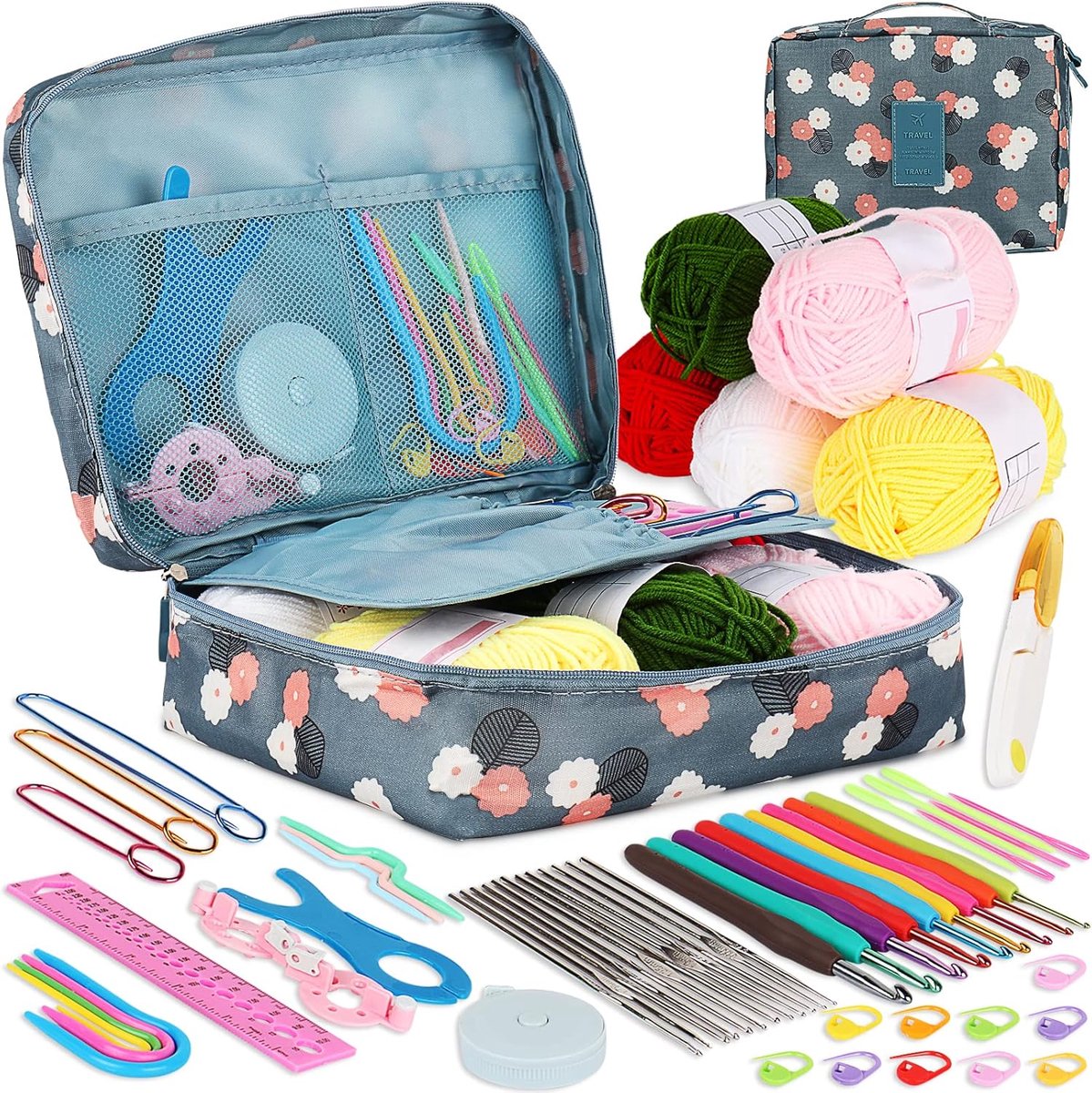 58 stuks haakset voor beginners, inclusief haaknaalden met zachte grip, puntige haaknaalden, haakgaren, haakaccessoires, draagbare tas en meer, haaknaaldensets voor beginners met wol en