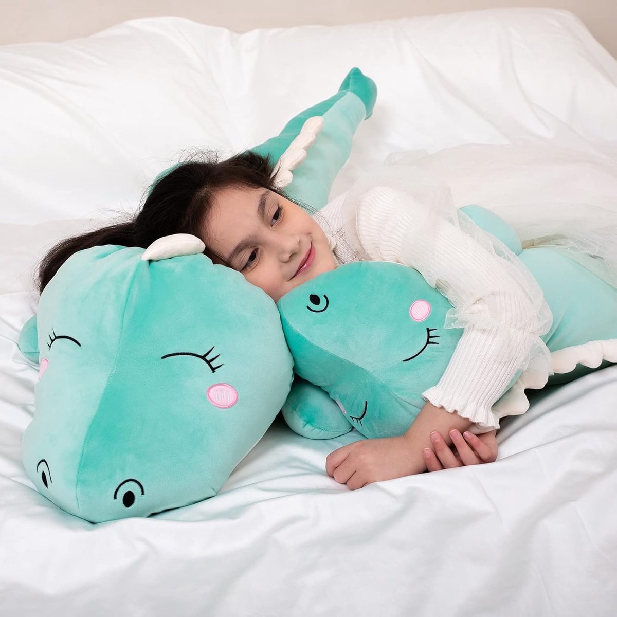 Pluche Speelgoed Zacht Grote Dino Opgevulde Dieren Lichaamskussen, Schattig Lang Dinosaurus Pluche Knuffelkussen Lende Rugkussen Cadeaus voor Kinderen(120cm,Groen - Gelukkig)