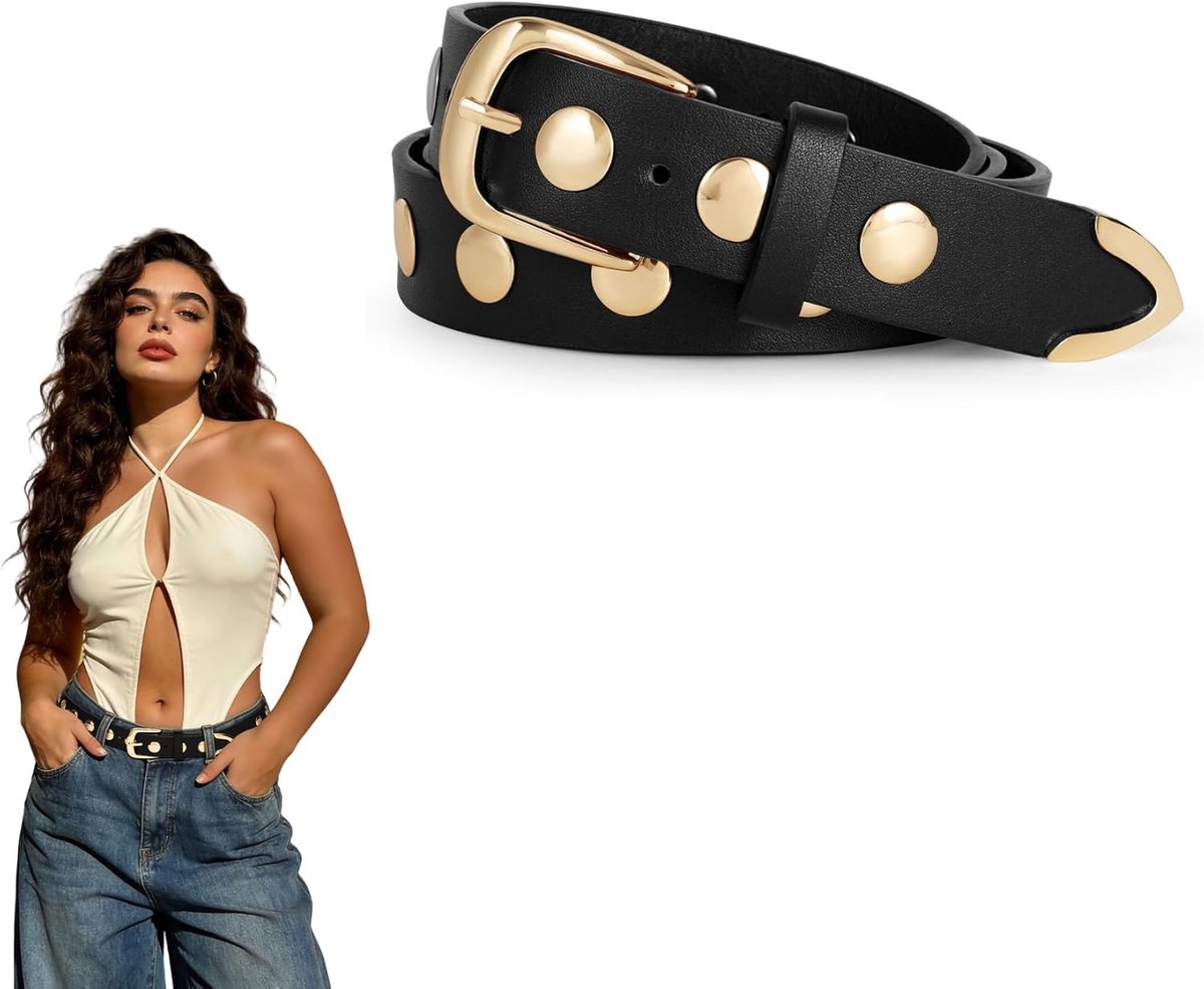 Leren damesriem voor jeans, broek, damesriem, leer, punk, studded riem met klinknagels