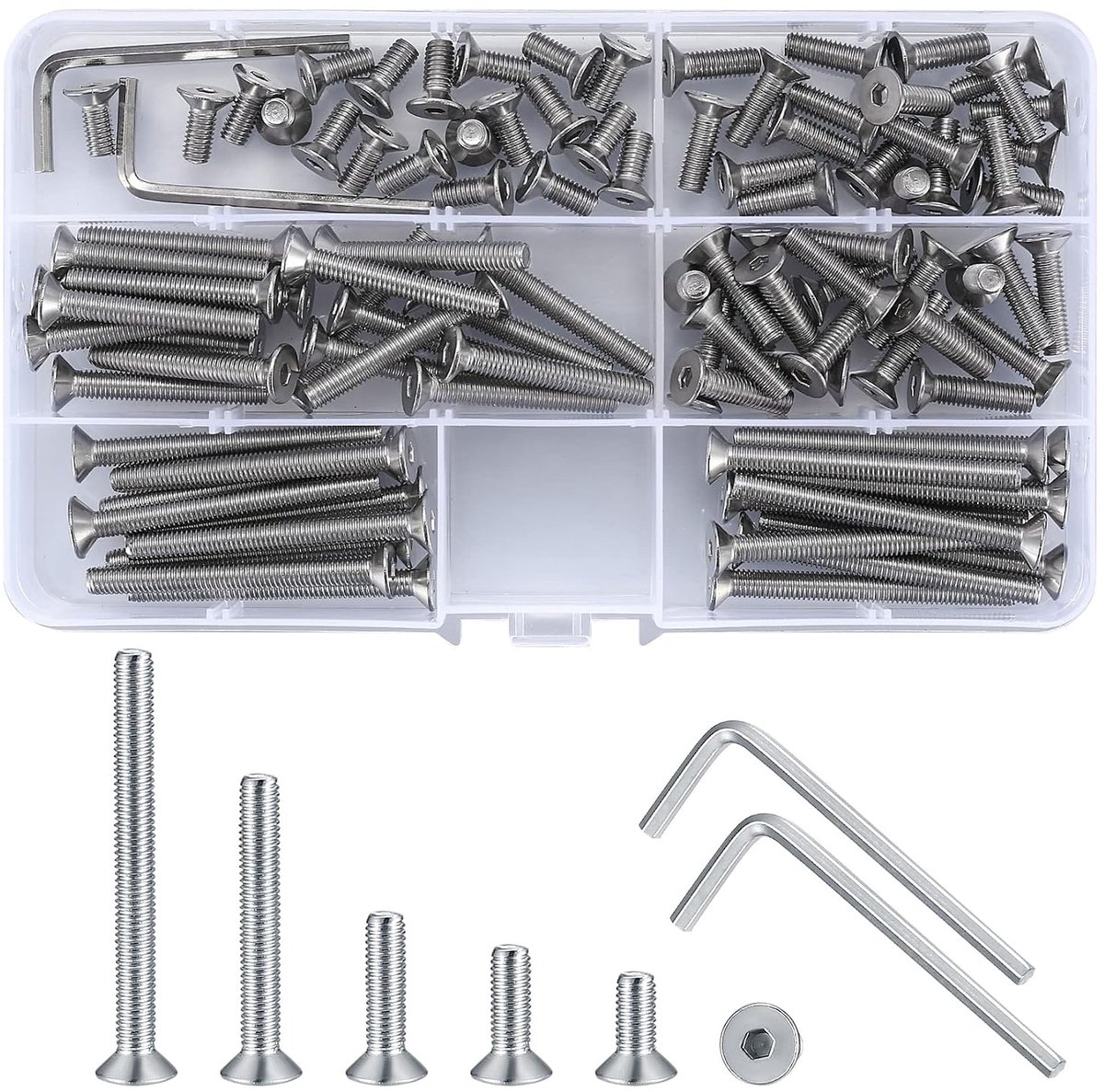 Inbusschroeven met platte kop, verzonken kopschroeven, roestvrij staal, platte kop, M5 x 12/16/20/35/50 mm, machineschroeven, sluiting, assortiment set, 100 stuks