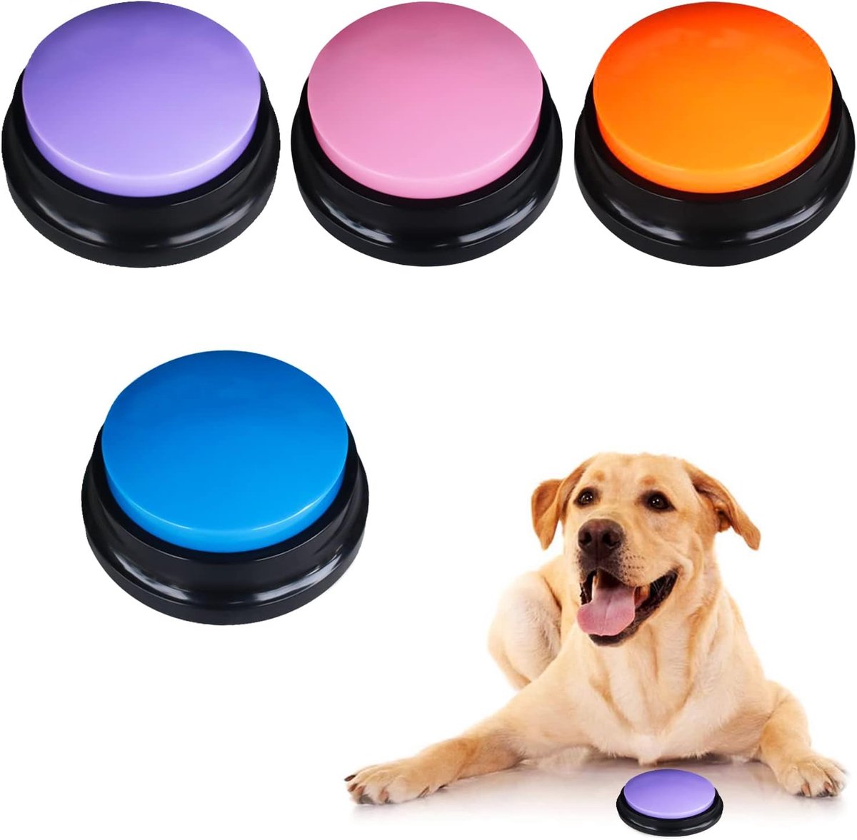 Buzzer Hondenbel met geluid, hondenknopen om te spreken, opneembare antwoordbuzzers, kattenbel, 4 stuks buzzer met opnamefunctie, spelletjes voor honden, spreekknopen, hondenbel, hond deurbel