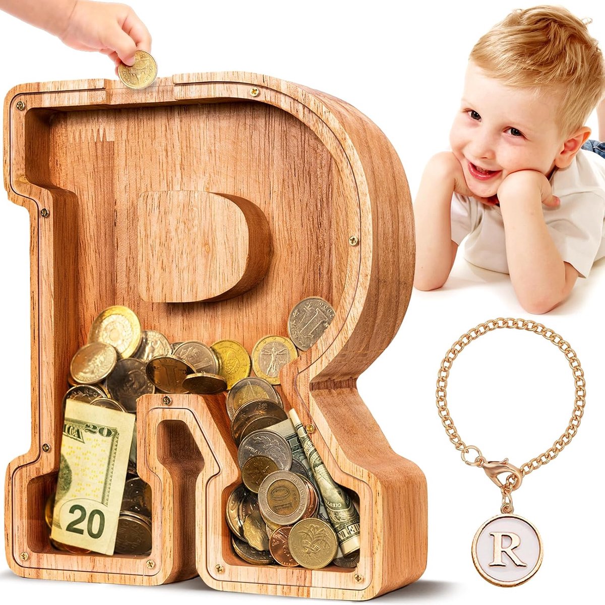 Houten Letter Piggy Bank| Spaarvarken voor Jongens Meisjes Peuter | Alfabet R Money Bank| Coin Bank Verjaardagscadeau voor kinderen|Kindercadeau (Initial-R)