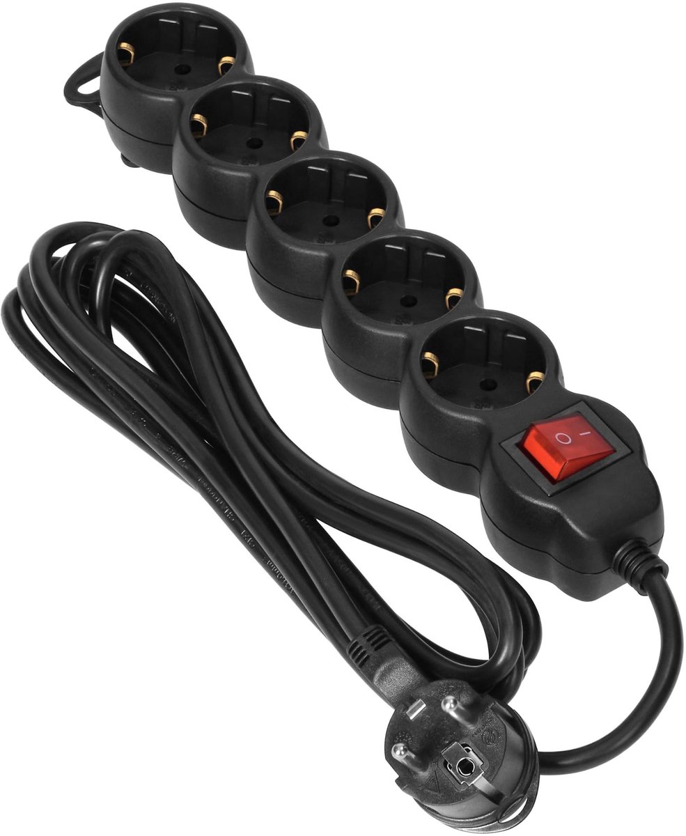 SnelShoppen - Miratic Verlengkabel 5voudig met Schakelaar H05VV-F 3x1,5mm2 Platte Stekker 16A - Verlengsnoer 3m voor Thuis, Tuin, Camping en Feesten