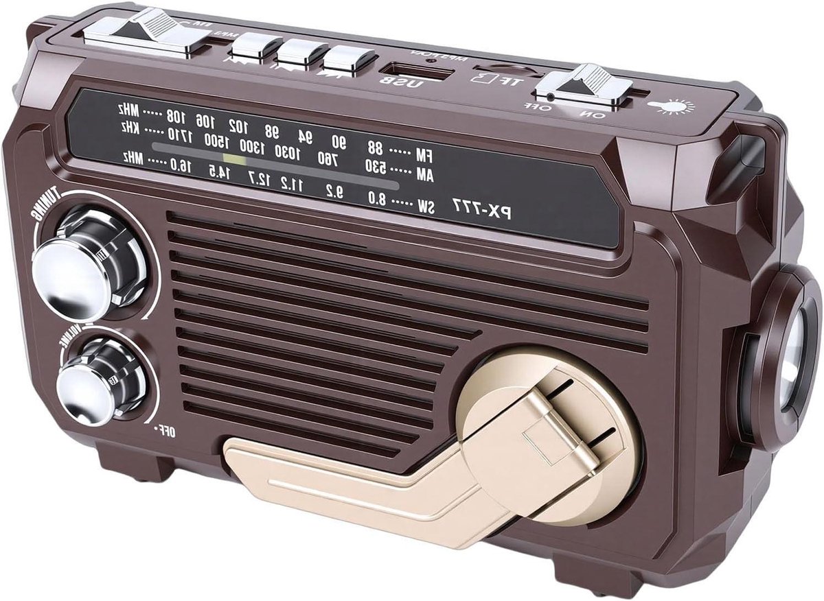 Noodradio - Draagbare radio - Veilige communicatie - Zonne-energie handslinger - 20x12x7 cm - Donkerbruin