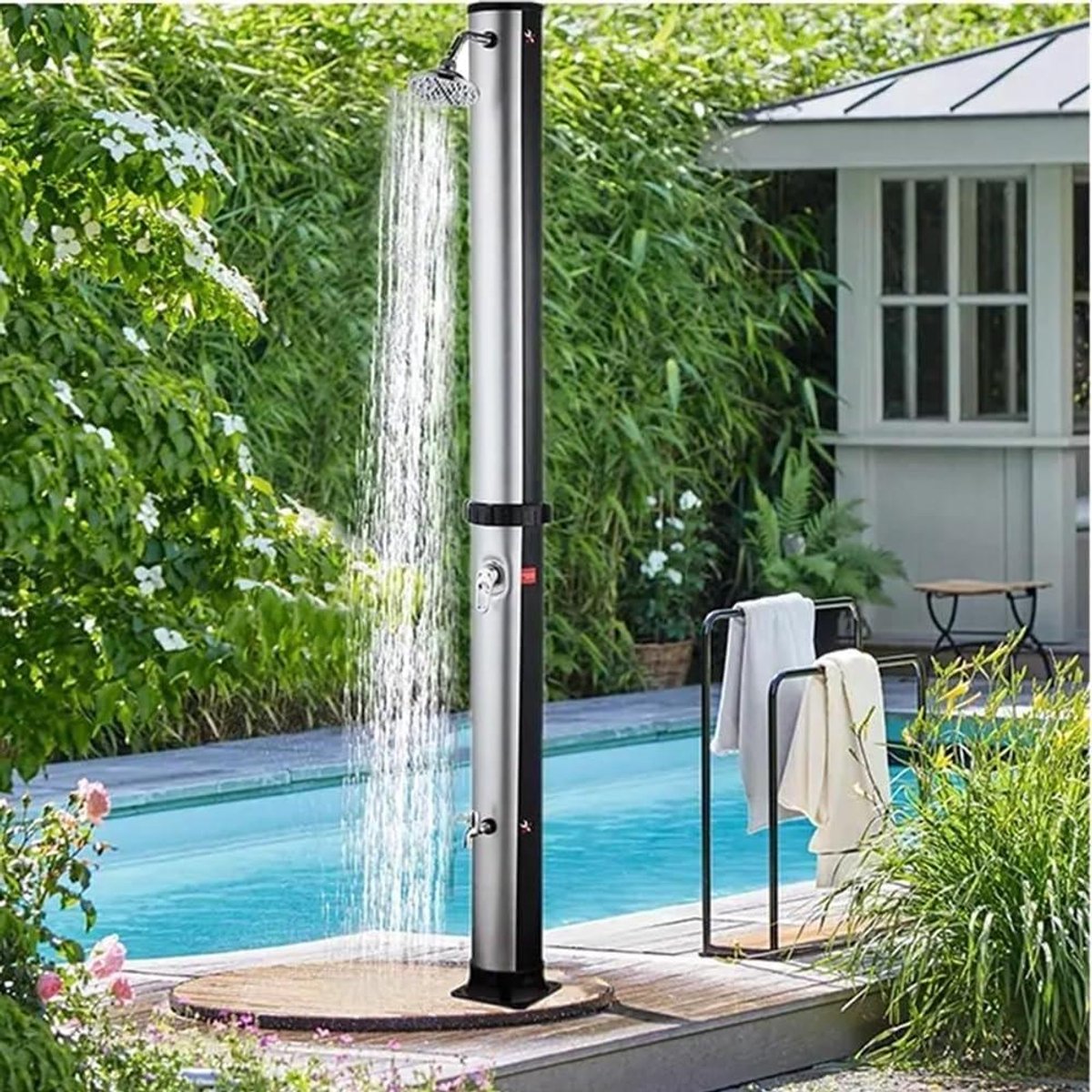Buitendouche Zonne-energie - Tuindouche Warm Water - Afspoelen Na Zwemmen - Vrijstaand Ontwerp - 38 Liter Tank - Zwart
