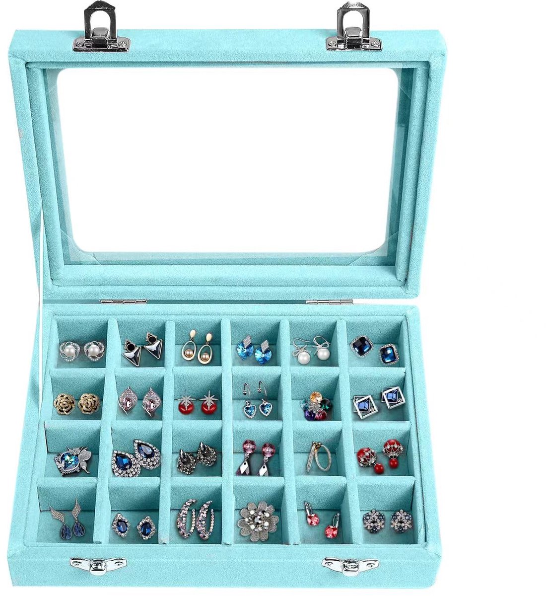 SnelShoppen - Sieradendoos met 24 Vakken voor Dames, Hemelsblauwe Sieradenkoffer, Perfect voor Ringen, Oorbellen en Halskettingen, Ideaal voor Thuis e