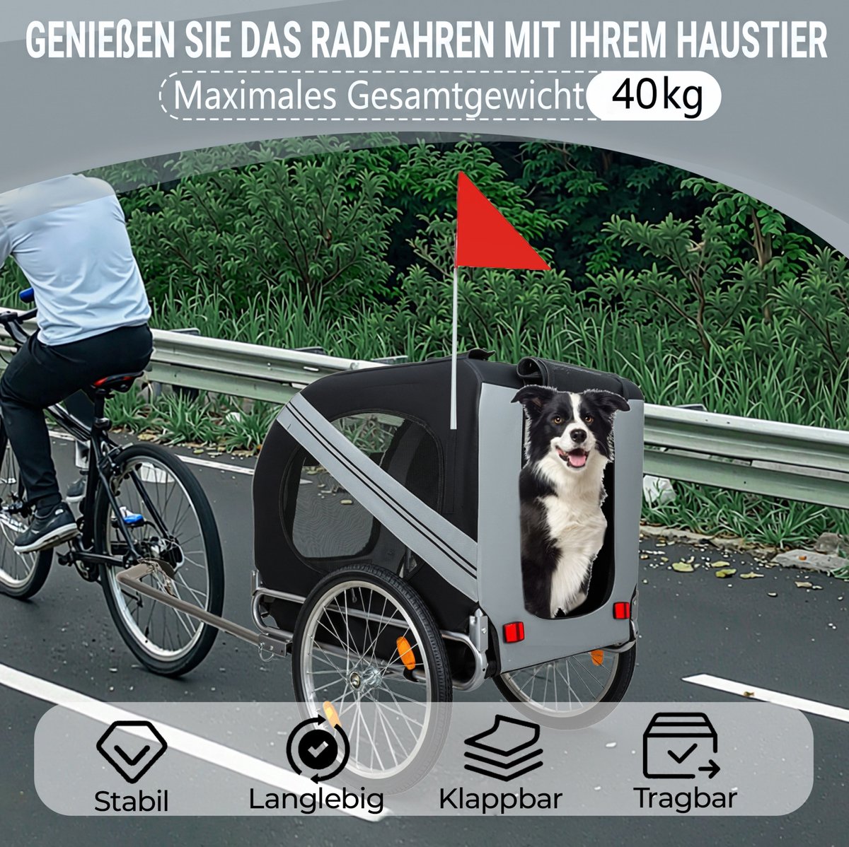 HAUSS SPOLE Hondenfietstrailer – 40 Kg – Opvouwbaar – Staal En Oxfordstof – Zwart Grijs – Met Regenscherm Voor Kleine En Middelgrote Honden