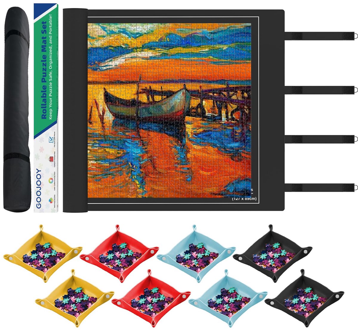 SnelShoppen - Rubberen legpuzzelmat 120 x 80 cm, antislip oprolbare puzzelmat voor 2000 stukjes, inclusief 8 sorteerbakken en opbergtas, ideaal voor t