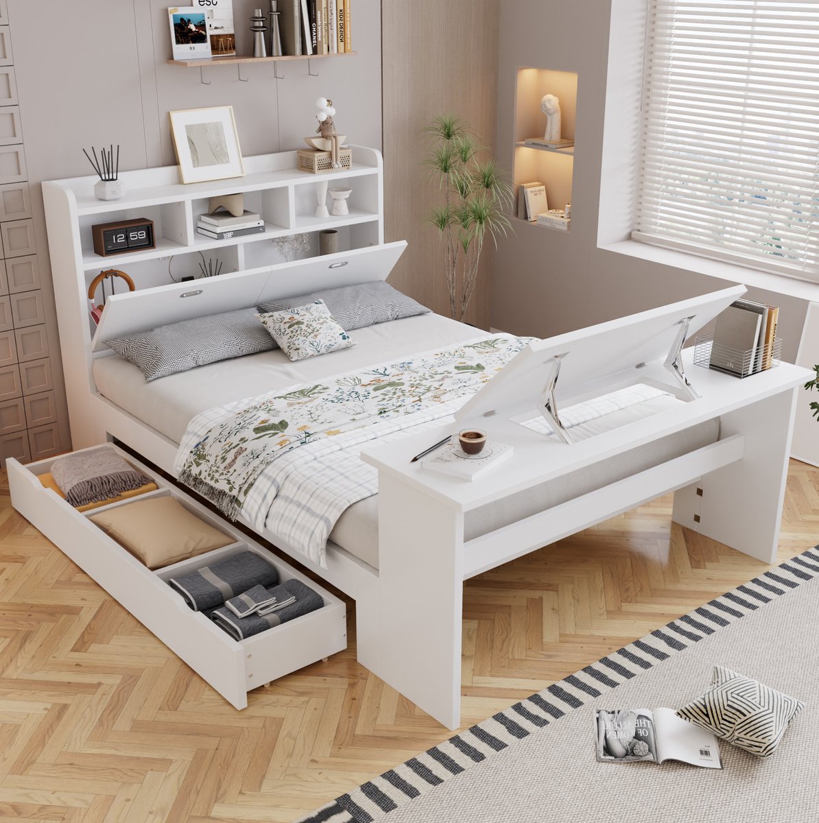 MODFU Bedframe - Opbergruimte - Hoofdbord Met Rek - Wit - 140 X 200 Cm
