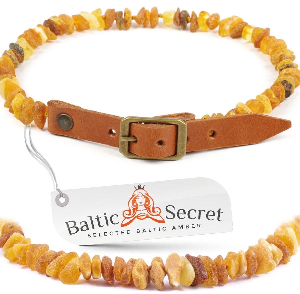 SnelShoppen - Echte barnsteenketting voor hond & kat - Verstelbare lederen halsband - Unieke, trendy look - Oranje 30-35 cm - Perfect voor dierenliefh