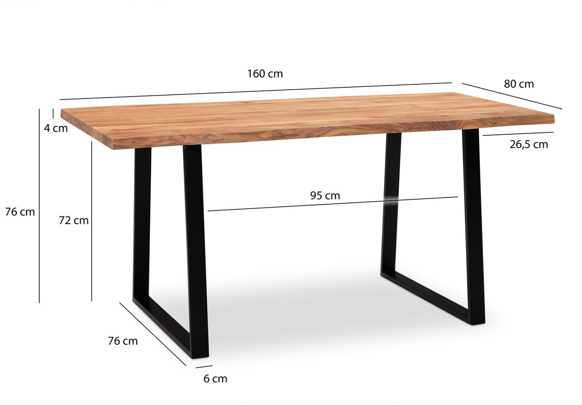 Eettafel acaciahout zwart metaal 160x80 cm