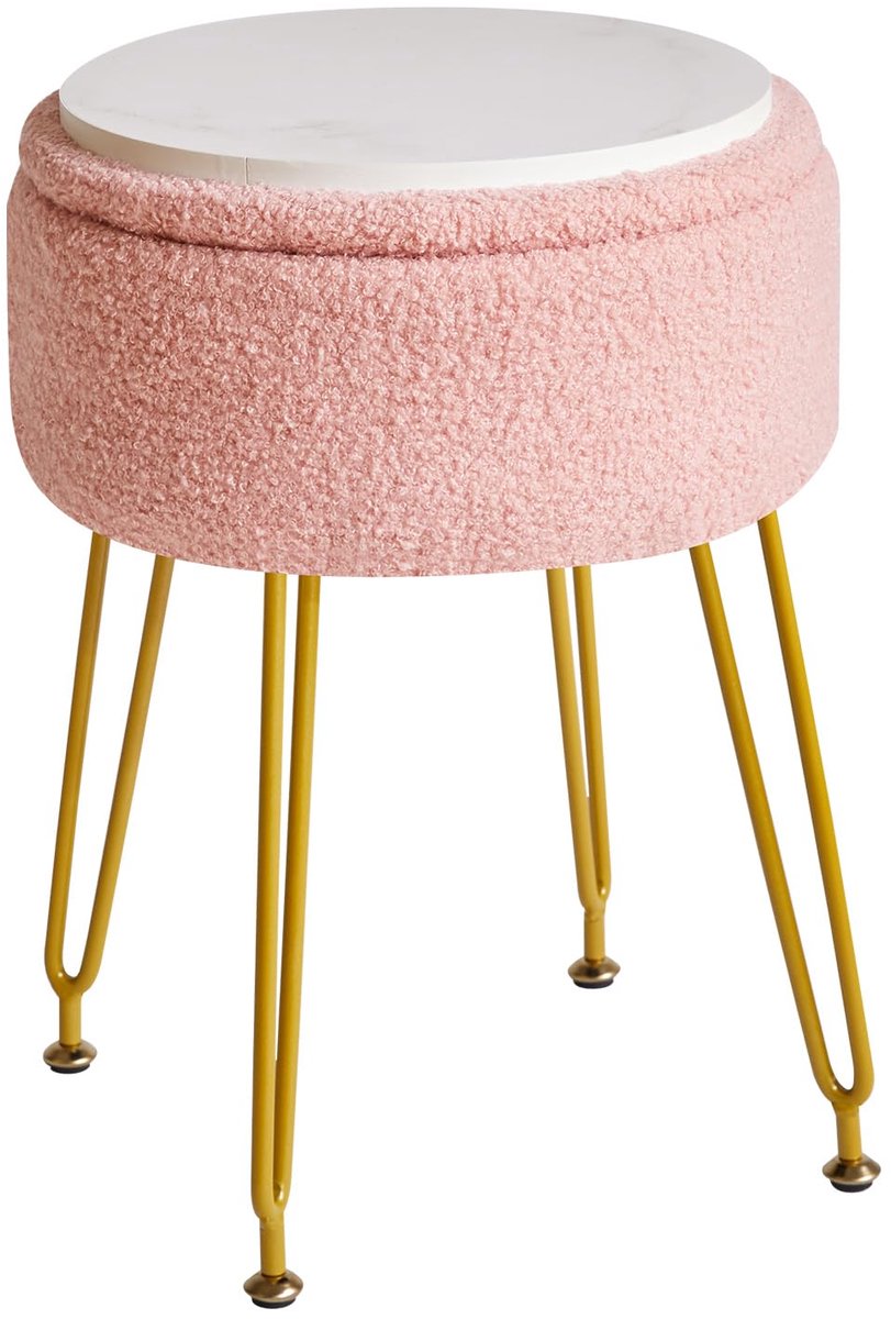 SnelShoppen - Teddy Velvet Opbergvoetsteun Kruk Ottoman - Make-up Kaptafel Kruk Bijzettafel met Afneembare Hoes - Gouden Stalen Poten - Roze WBD010P -