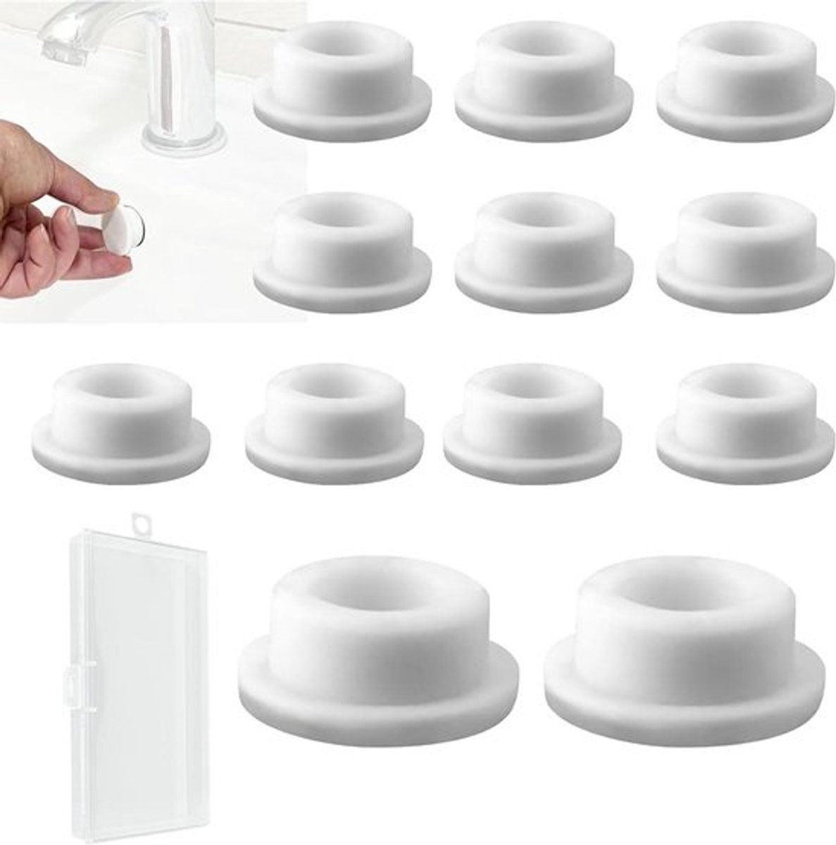 Set van 12 gootsteengat afdekdoppen en opbergdoos, overloopring voor wastafel (22-24 mm)