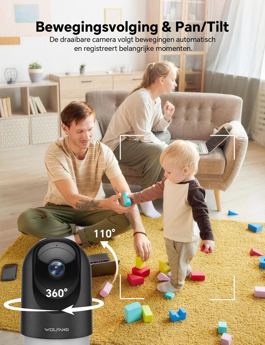 SnelShoppen - 2K WiFi Bewakingscamera Binnen met 360° PTZ, Auto-Tracking, Nachtzicht, Hondencamera met 2-Weg-Audio, Compatibel met Alexa en Google Hom