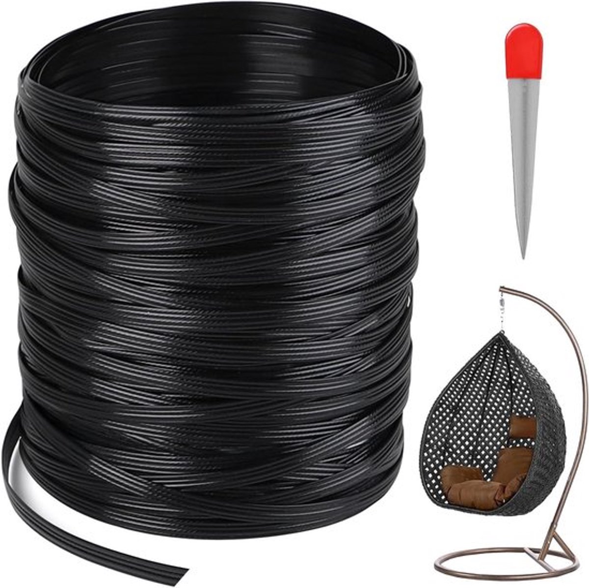 Kunststof geweven rotan voor outdoor meubels reparatie - 65 meter, plat, PE-rotan, weefgereedschap - Zwart