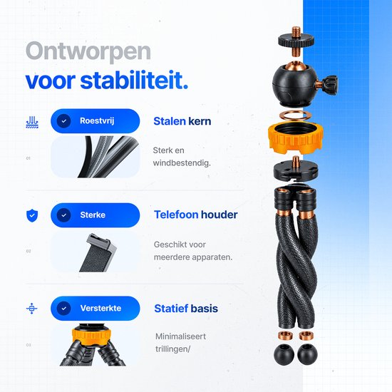 Opbouw van een stabiel statief: stalen kern, sterke telefoonhouder en versterkte statiefbasis met octopuspoten.