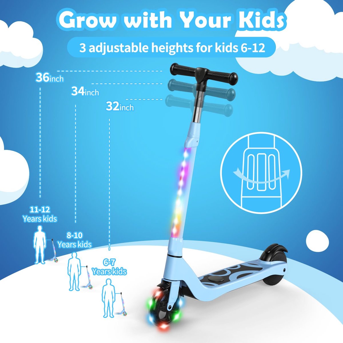 SnelShoppen - Elektrische Step voor Kinderen 6-12 Jaar, E Scooter met LED-verlichting, 3 Verstelbare Hoogtes, Max 70kg, 10km/h - Perfect voor Buitenav