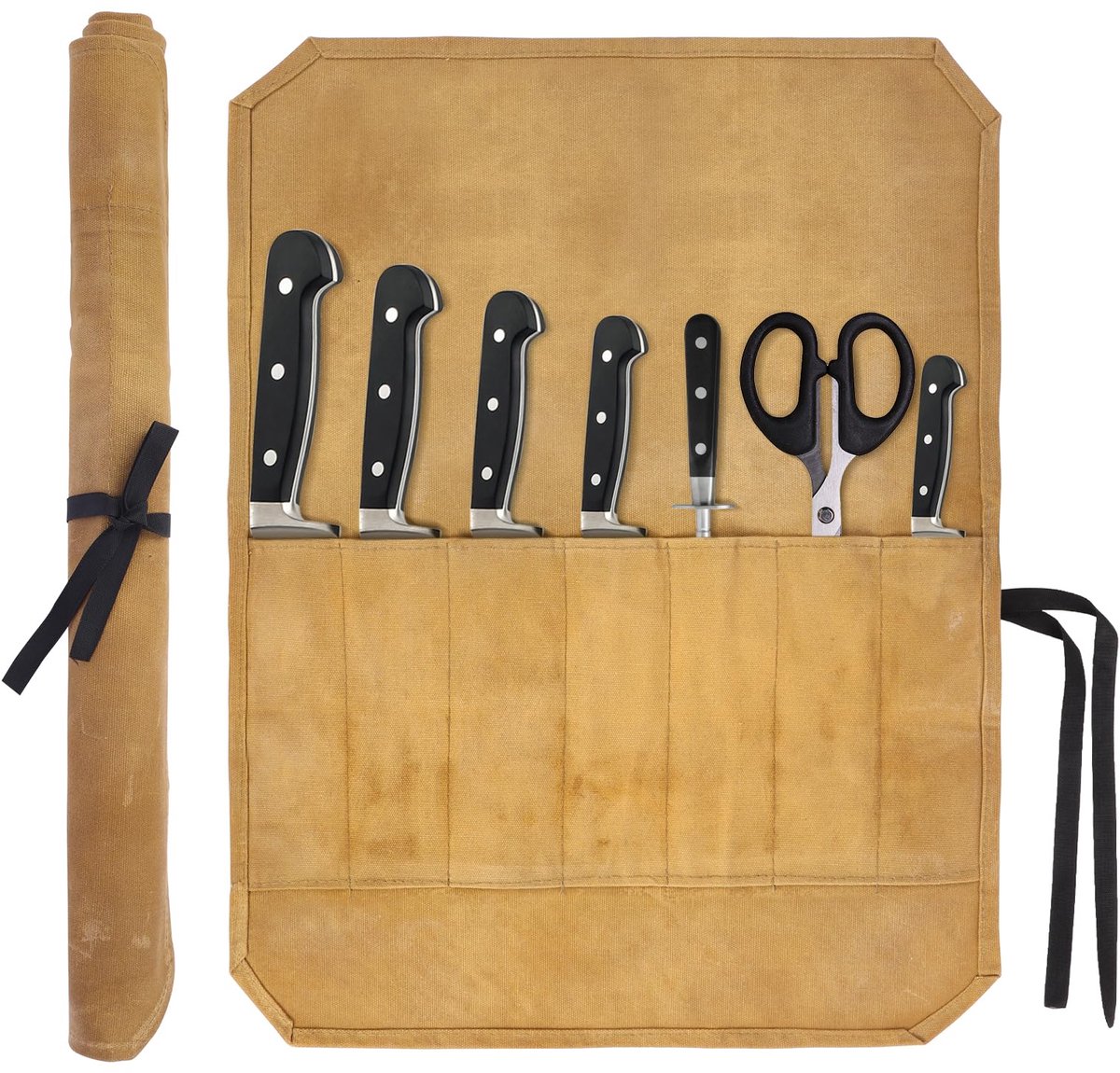 Dailygoods- Messen Tas 7 Slots - Oprolbaar - Draagbare Messenmap - Geschikt voor Chefs/Koks - Waxed Canvas - Antislip Touwen - Messenrol