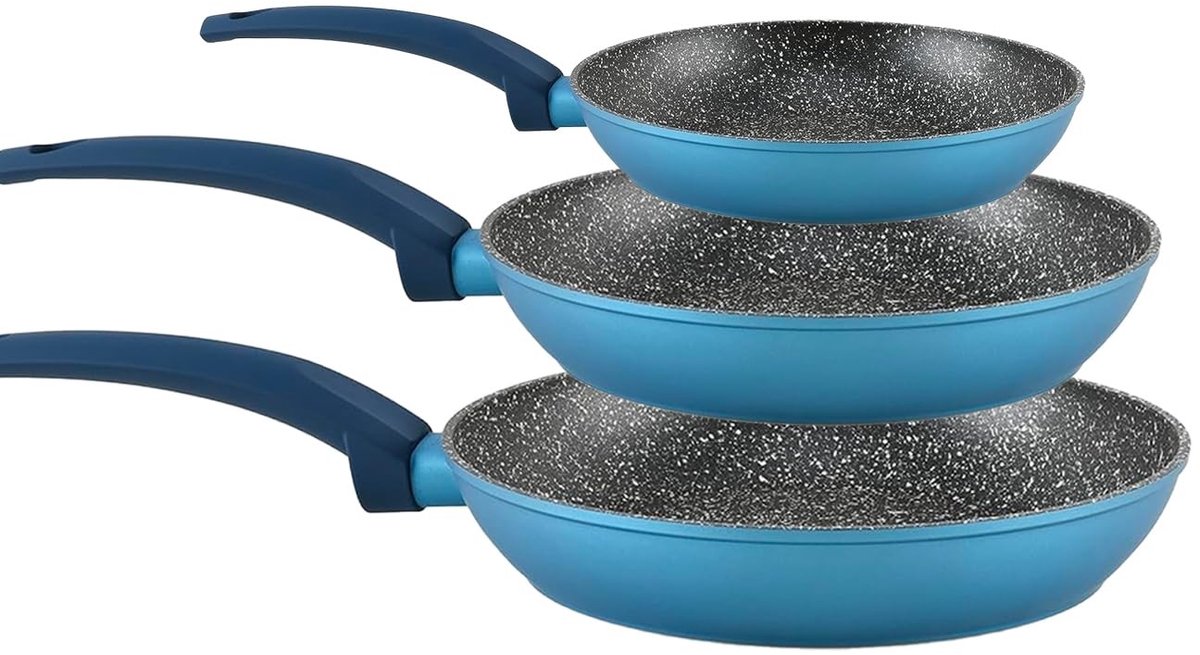 Dailygoods - Set van 3 Blauw Aluminium Pannen - Inclusief Inductiebasis, Non-Stick Coating