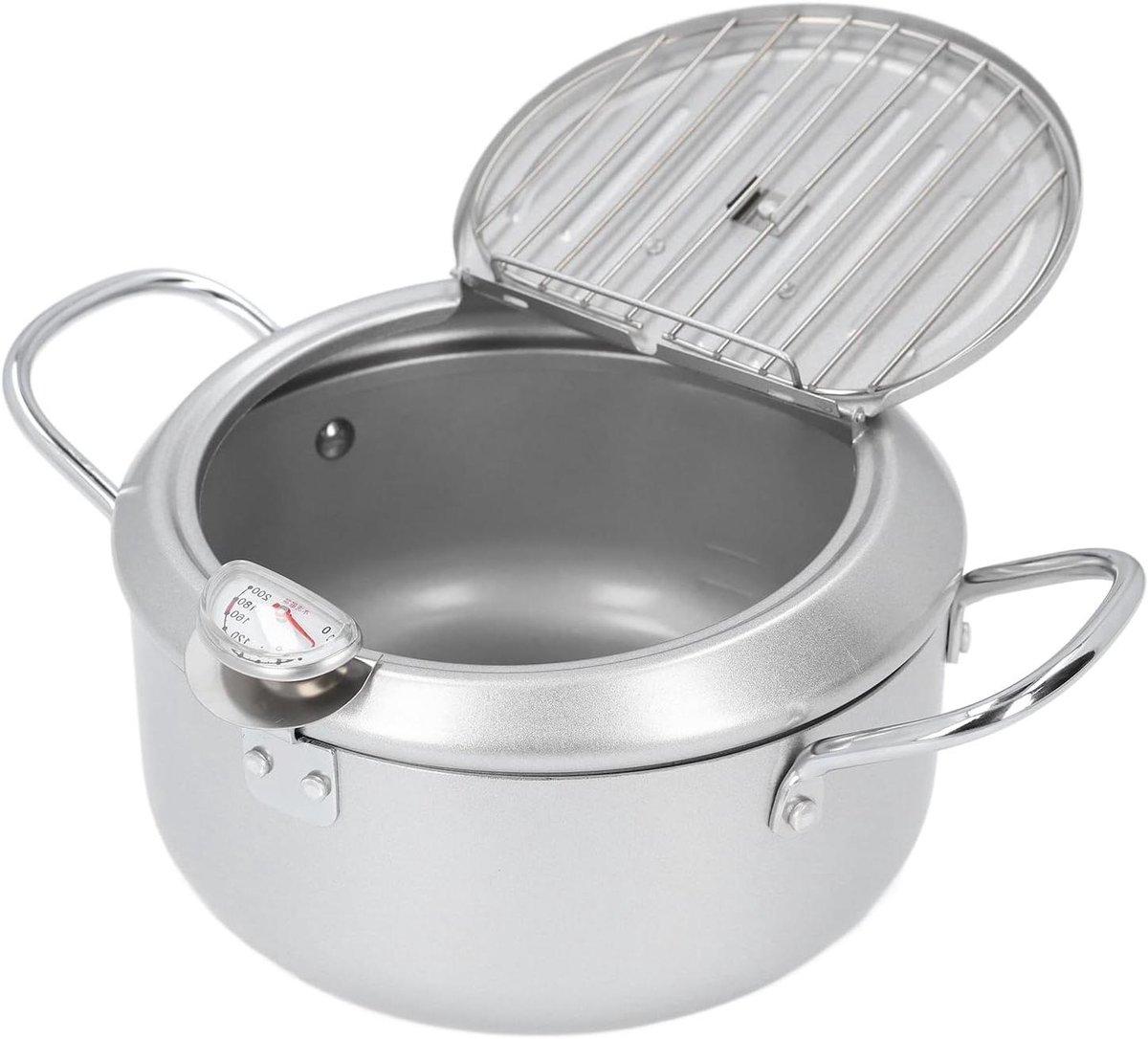 Frituurpan Dubbele Handgrepen - Olie Pan - Thuis Koken - Ingebouwde Temperatuurmeter - 22W x 28D cm - Zilver