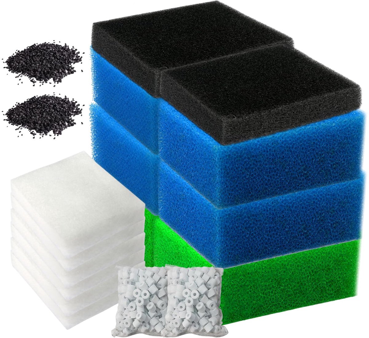 SnelShoppen - Filterspons Aquarium Filtermedia Set - 2x Blauw Grof, 2x Blauw Fijn, 2x Groen, 2x Koolfilter, 2x Keramische Ringen, 6x Filterwatten, 2x