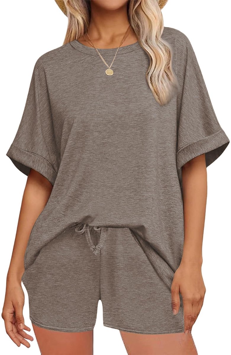 SnelShoppen - Jumpsuit Dames Korte Mouwen Zomer 2 Stuks Elegante Ronde Hals Hoge Taille Sportkleding met Zakken Bruin XL