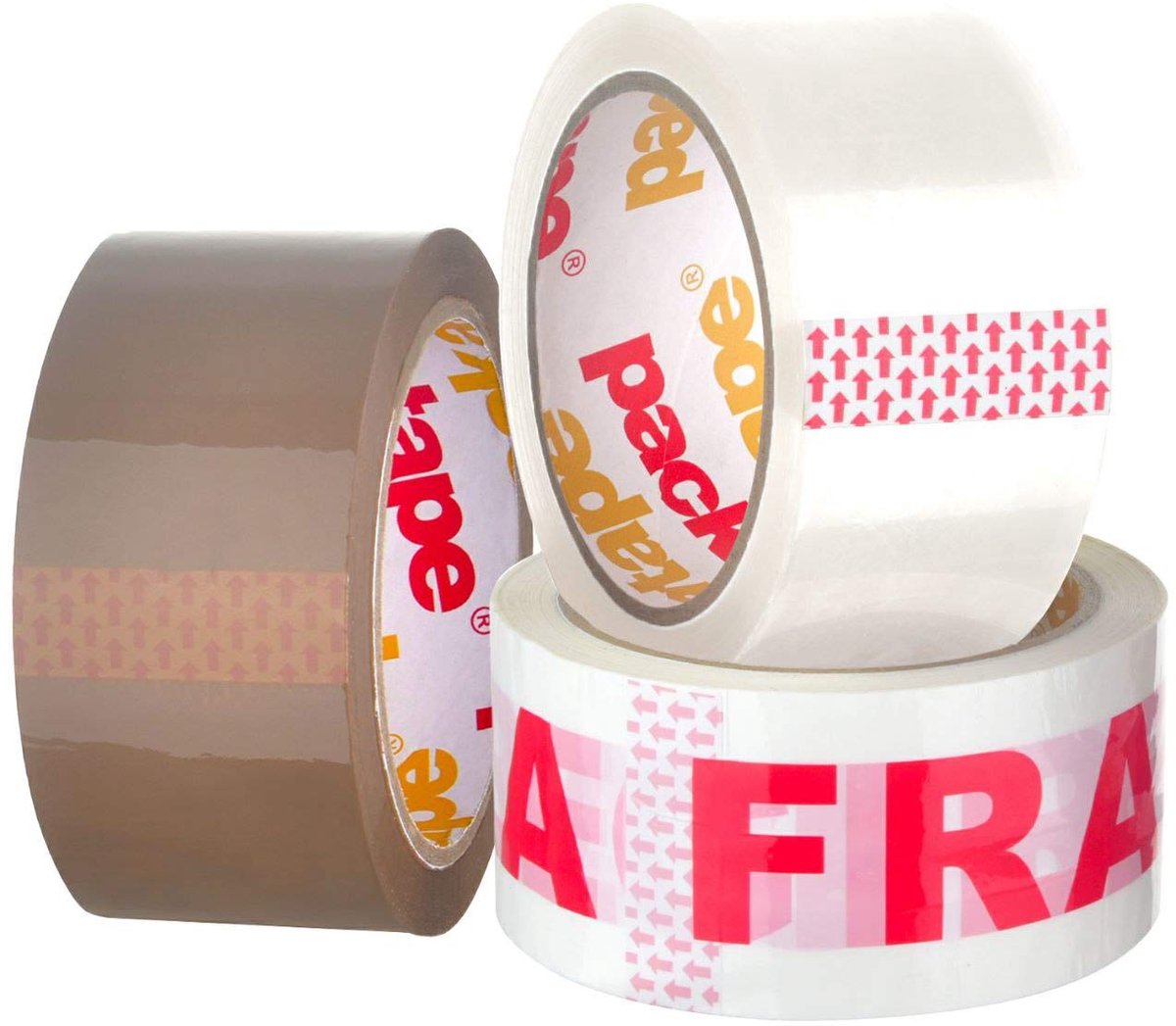 SnelShoppen - Packatape 3 Rollen Verpakkingstape voor Algemeen Gebruik - 1 Bruine, 1 Helder, 1 Breekbare Tape 48mm x 66m - Perfect voor Verpakken, Ver