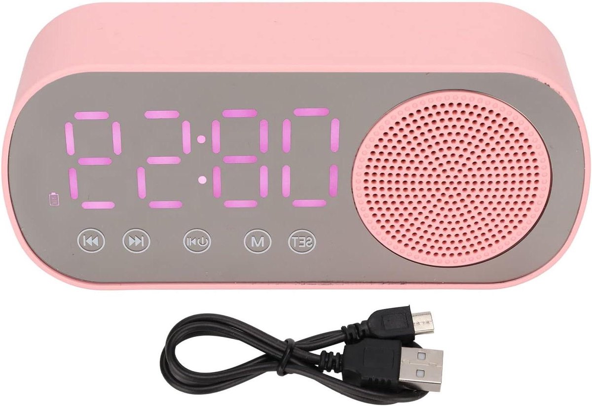 Bluetooth Wekker - Digitale Klok Radio - Muziek Luisteren - LED Spiegel Display - Ingebouwde Batterij - Roze