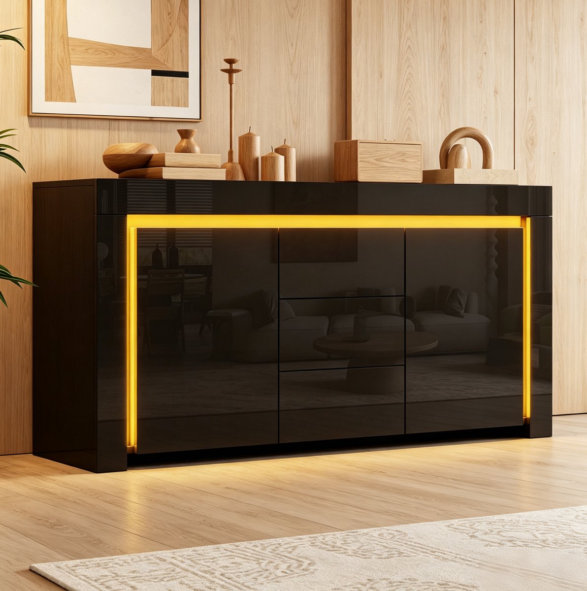 STILVORA Dressoir - Hoogglans Kast Met Ledverlichting En 3 Lades - 2 Deuren Voor Woonkamer Hal En Kantoor - MDF - 140x40x65 Cm - Zwart
