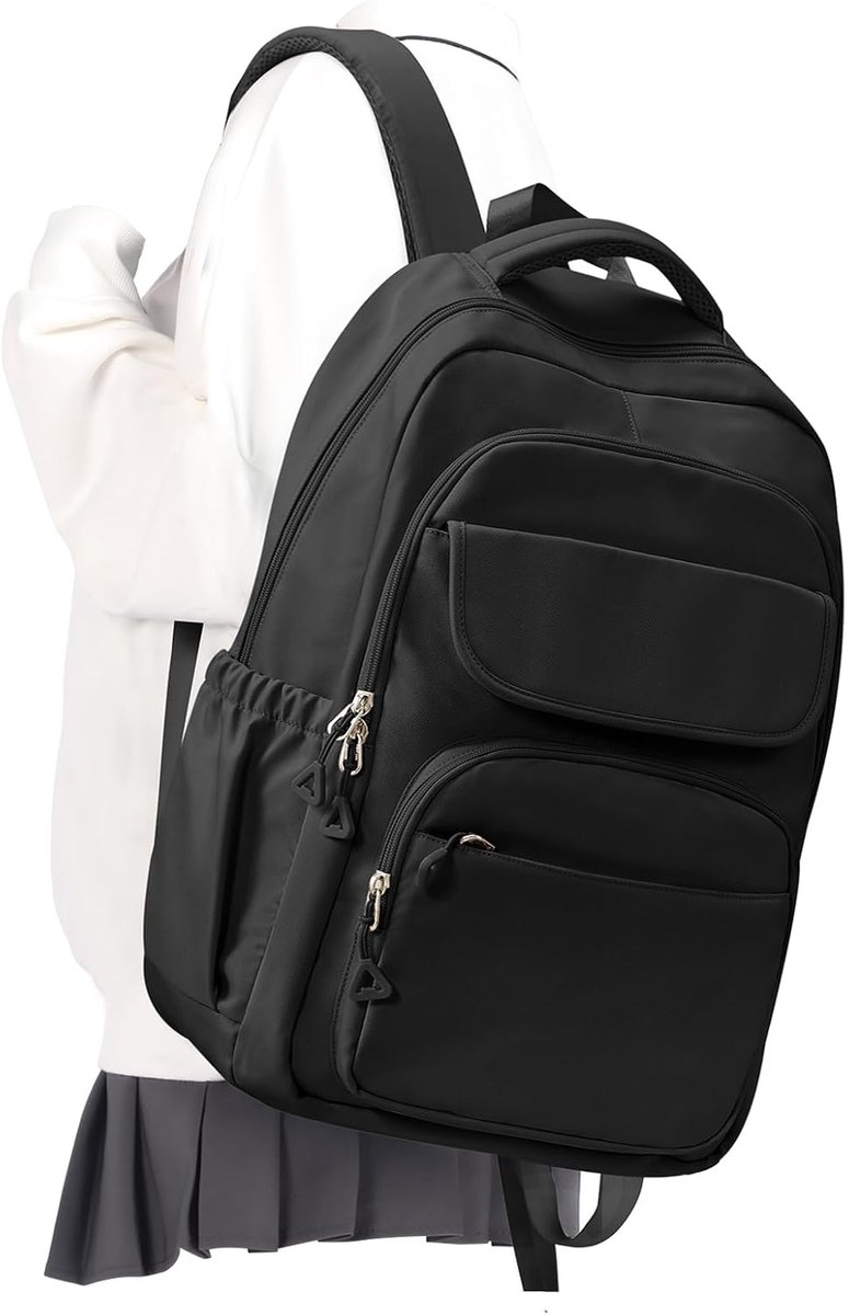 Bobypet - Rugzak - schoolrugzak voor tieners (jongens en meisjes), effen rugzak met veel vakken, schoolrugzak voor heren met laptopvak, waterdichte reisrugzak voor dames - zwart