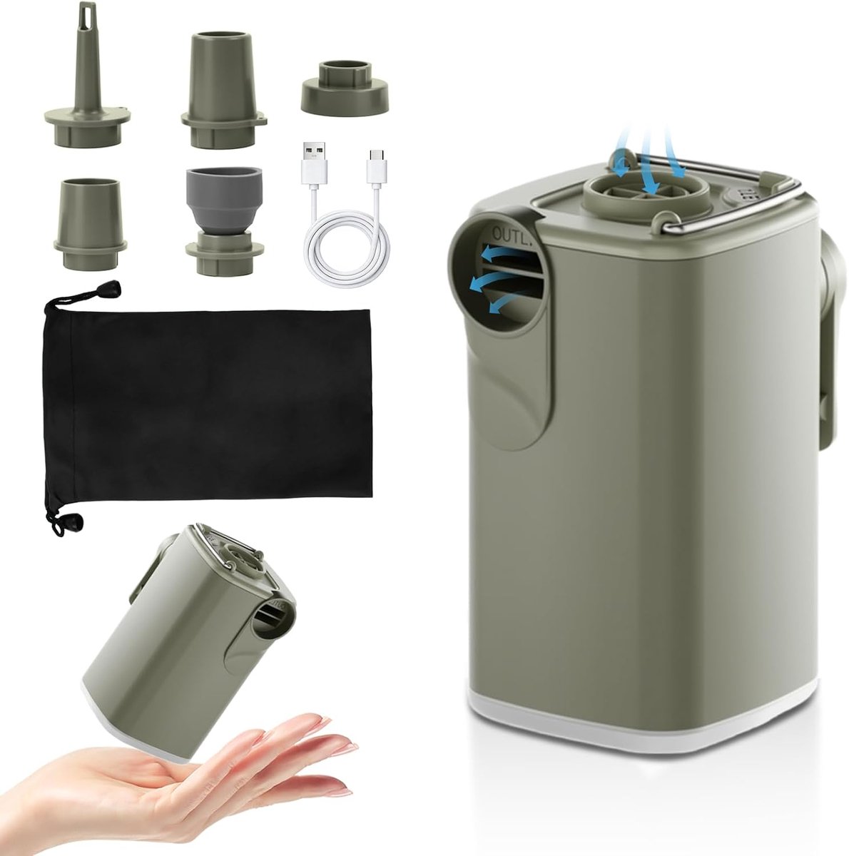 Bobypet - Compacte elektrische luchtpomp voor luchtbedden met ingebouwde campinglamp, oplaadbaar model met 5 opzetstukken, voor snel oppompen en leeg laten lopen geschikt voor kamperen, luchtbedden en rubberboten（groen）