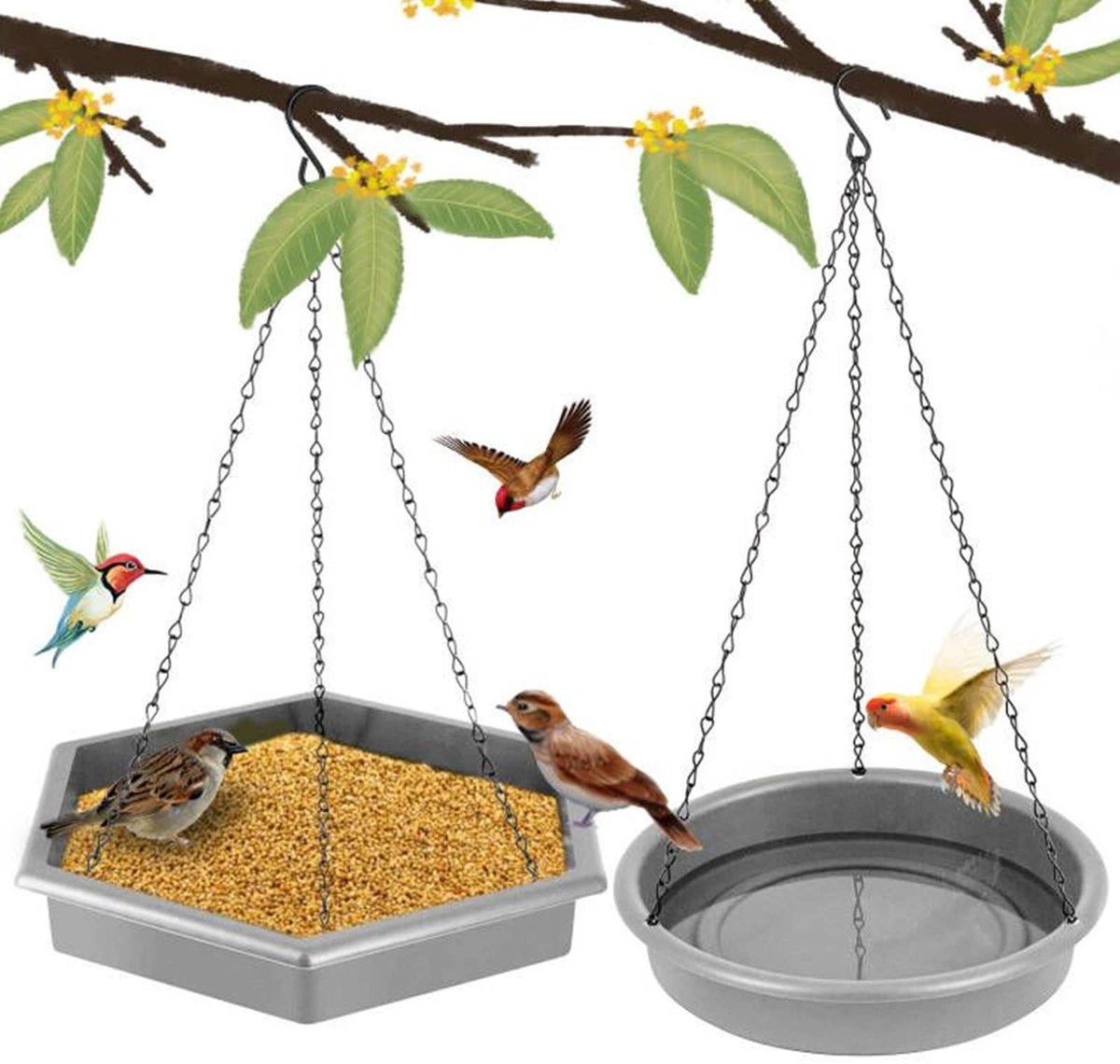 SnelShoppen - XL Vogelvoederstation en Vogelbaden voor Buiten - 2-in-1 Donkergrijs Vogelvoeders om op te Hangen - Ideaal voor Wilde Vogels en Tuinacce