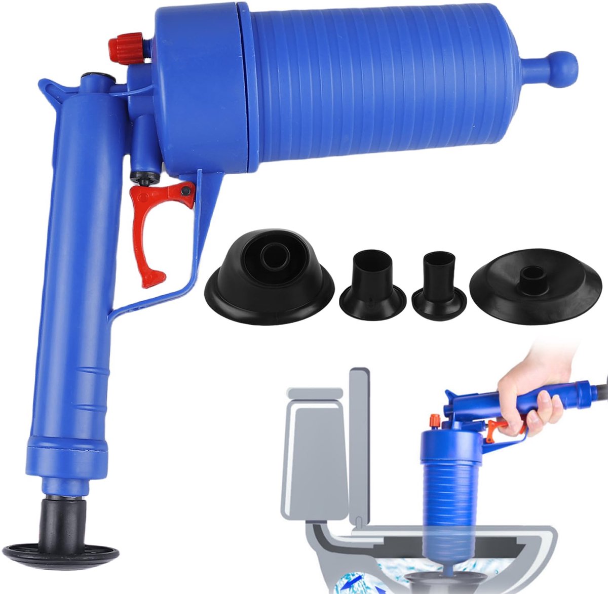 Dailygoods - Perslucht Buisreiniger met 4 Rubberen Adapters - Afvoerreiniger voor Toilet en Douche
