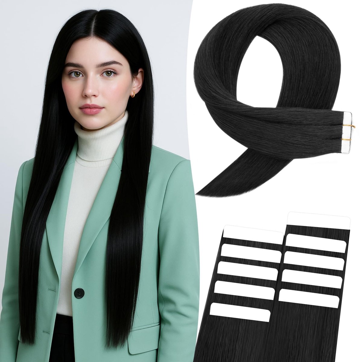 Dailygoods - Haar Tape Extensions 10 Stuks 40cm Zwart Remy Haar - Onzichtbare Haarverlenging 15g 16 Inch