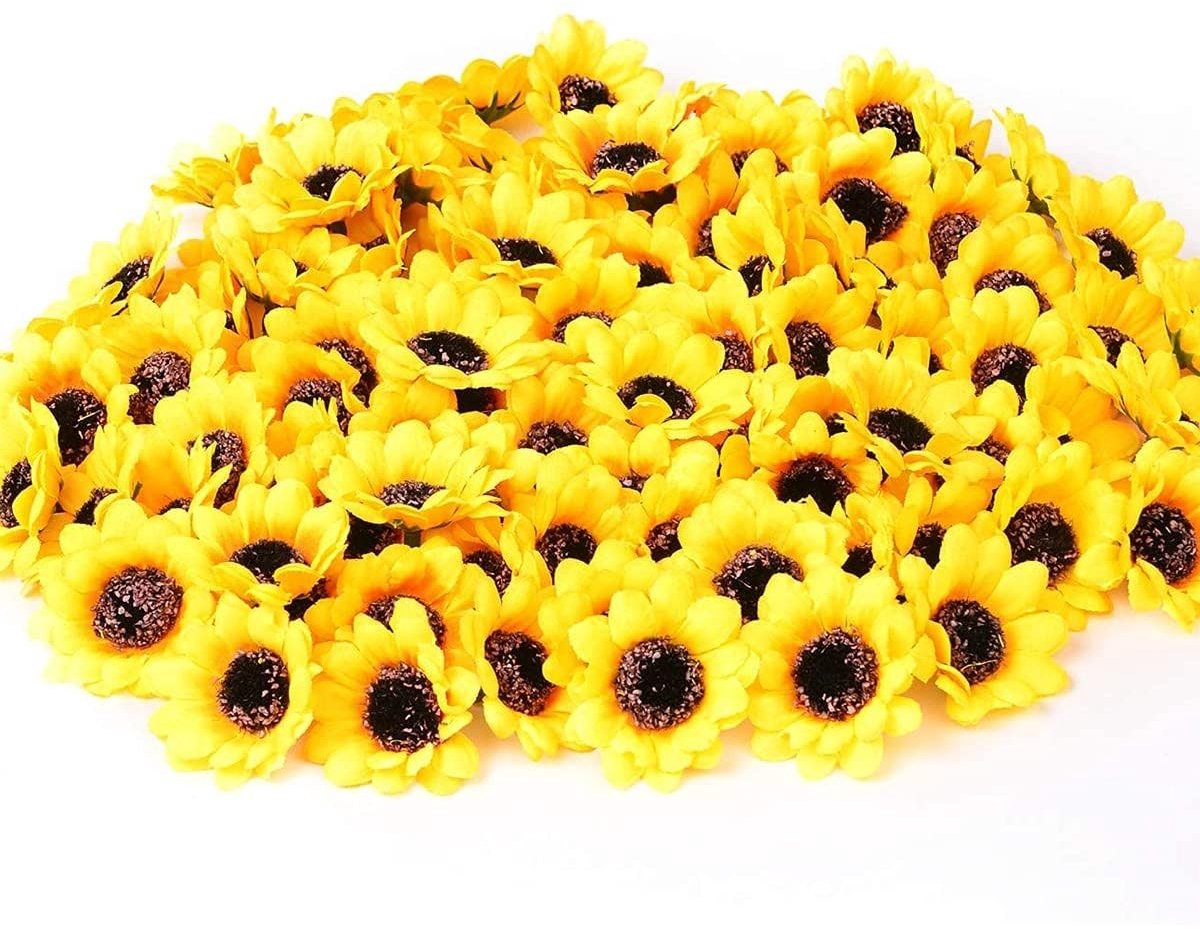 Dailygoods- Kunstzonnebloem - 50 stuks - Gele Bloemkop Decoratie - Onderhoudsvriendelijk - Hoge Werkelijkheid - Bruin Midden - Nep Bloemen